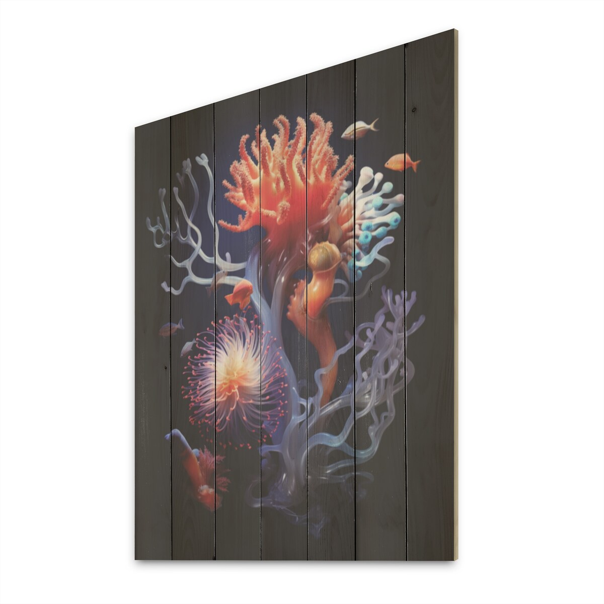 DESIGN ART "Colorful Pruple And Black Coral Expression" Coastal Coral Under Water Wood Panel On Natural Pine Wood