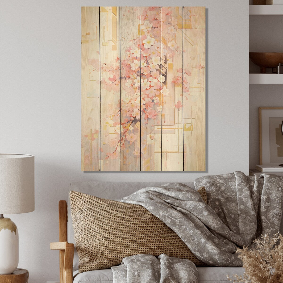 DESIGN ART "Contemporary Cherry Blossom Bold Stripes" Cherry Wood Wall Art Traditional Wood Panel On Natural Pine Wood
