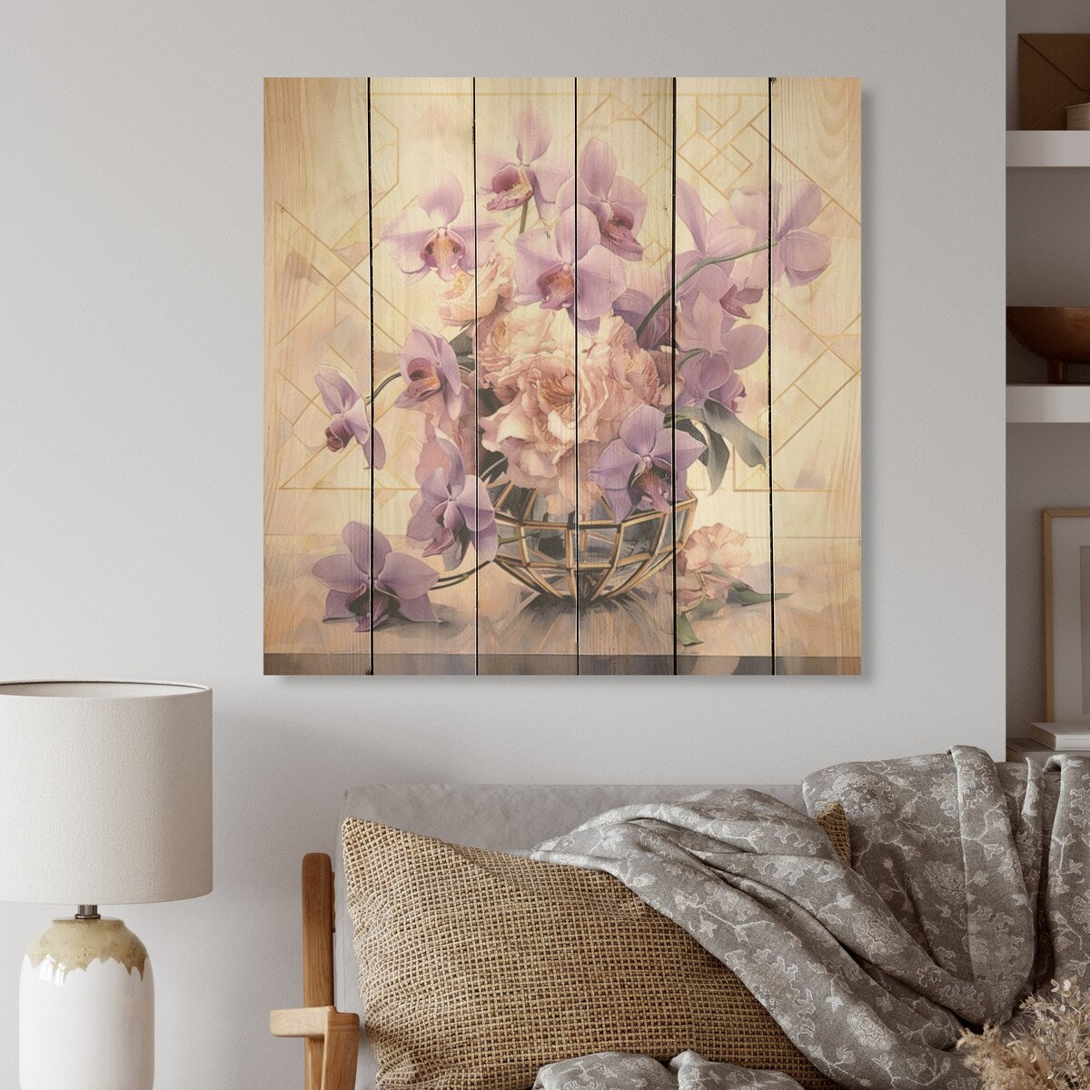 DESIGN ART "Elegant Geometry Purple Bouquet I" Bouquet Wood Wall Decor - Traditional Wood Panel On Natural Pine Wood