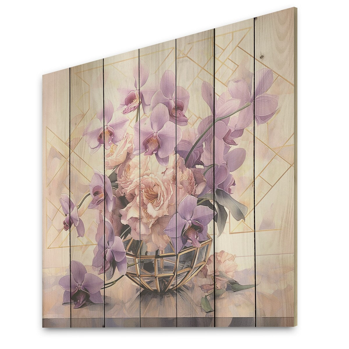DESIGN ART "Elegant Geometry Purple Bouquet I" Bouquet Wood Wall Decor - Traditional Wood Panel On Natural Pine Wood