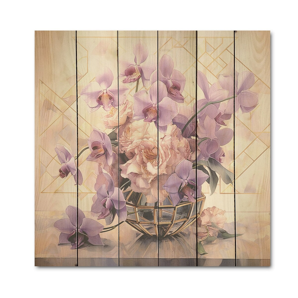 DESIGN ART "Elegant Geometry Purple Bouquet I" Bouquet Wood Wall Decor - Traditional Wood Panel On Natural Pine Wood