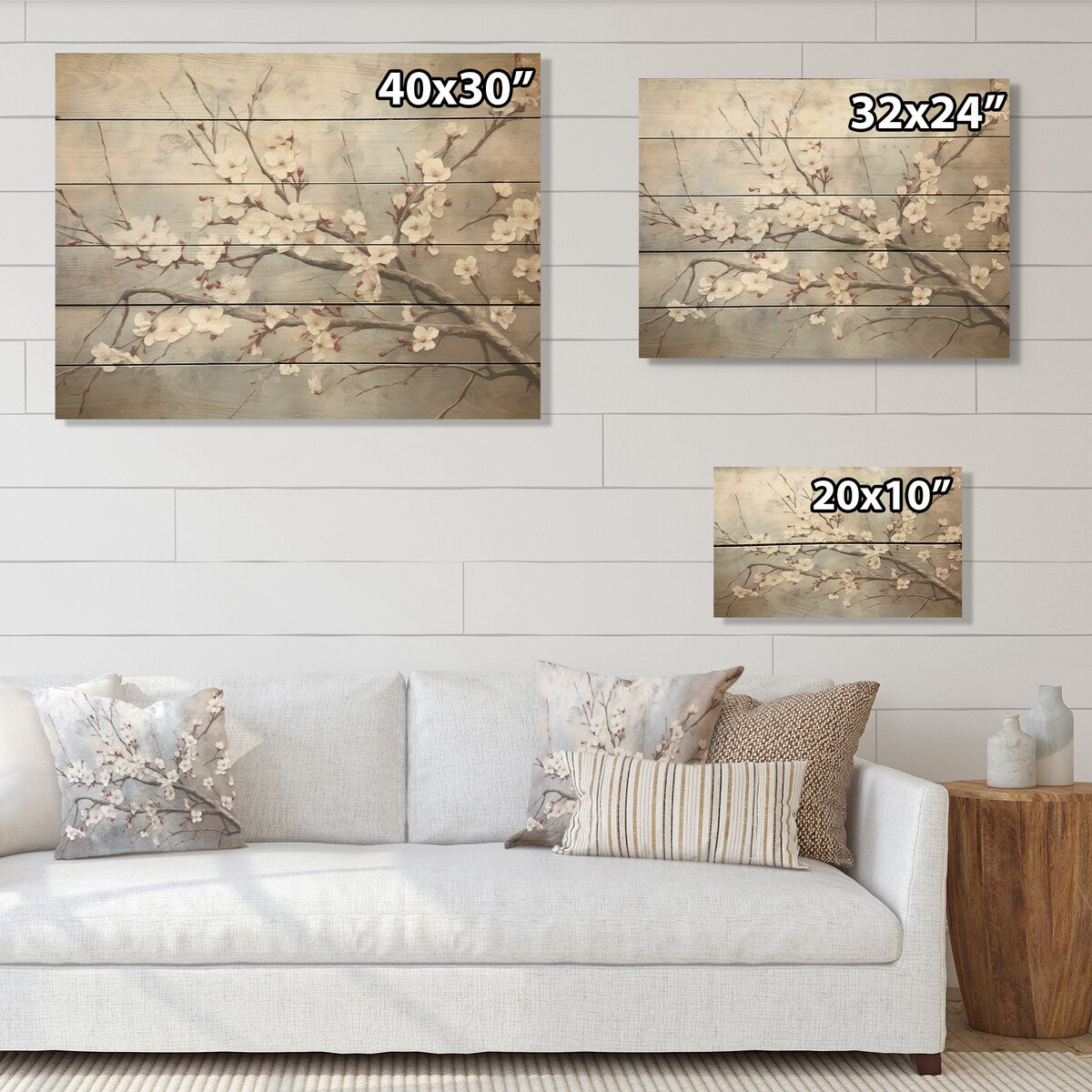 DESIGN ART "Minimalism Grey And Beige Cherry Blossom I" Cherry Blossom Wall Art Grey Wood Panel On Natural Pine Wood