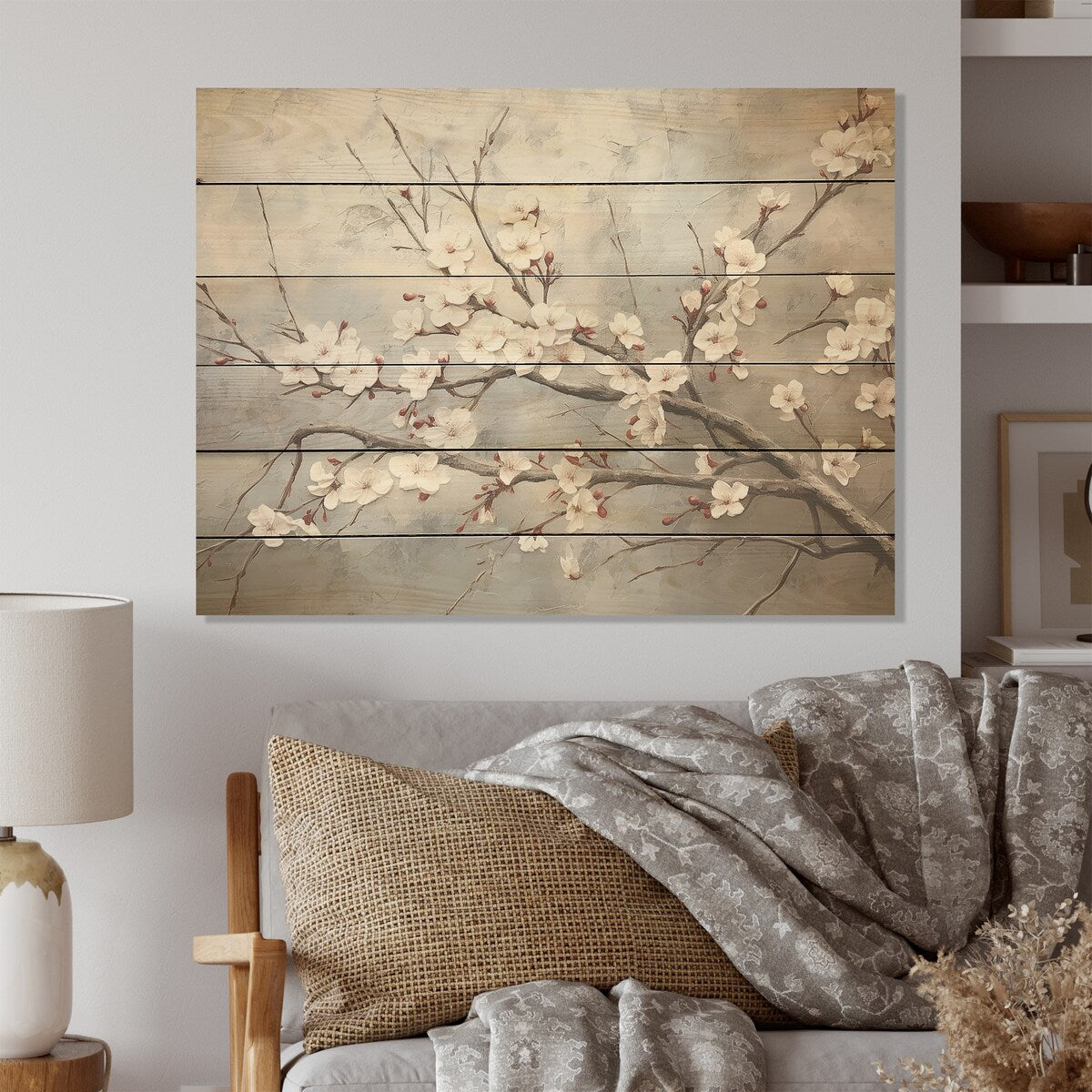 DESIGN ART "Minimalism Grey And Beige Cherry Blossom I" Cherry Blossom Wall Art Grey Wood Panel On Natural Pine Wood