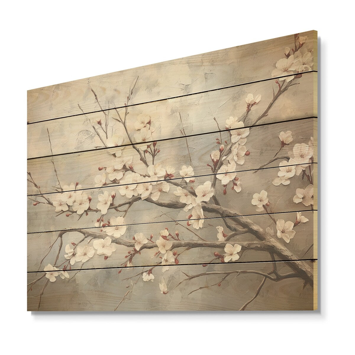 DESIGN ART "Minimalism Grey And Beige Cherry Blossom I" Cherry Blossom Wall Art Grey Wood Panel On Natural Pine Wood