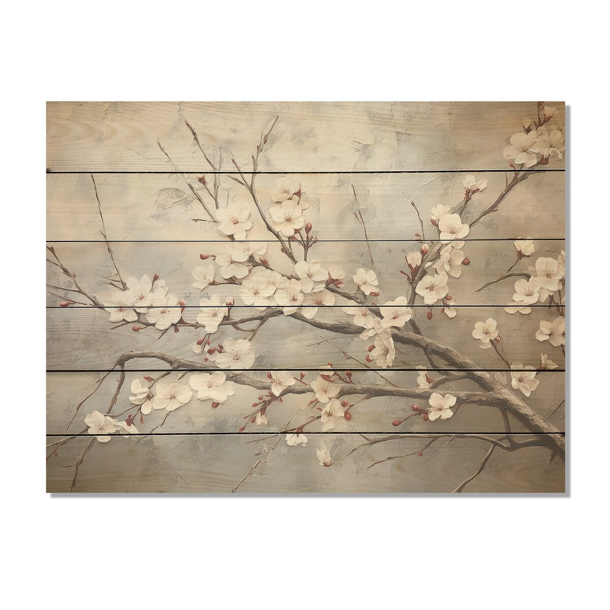 DESIGN ART "Minimalism Grey And Beige Cherry Blossom I" Cherry Blossom Wall Art Grey Wood Panel On Natural Pine Wood