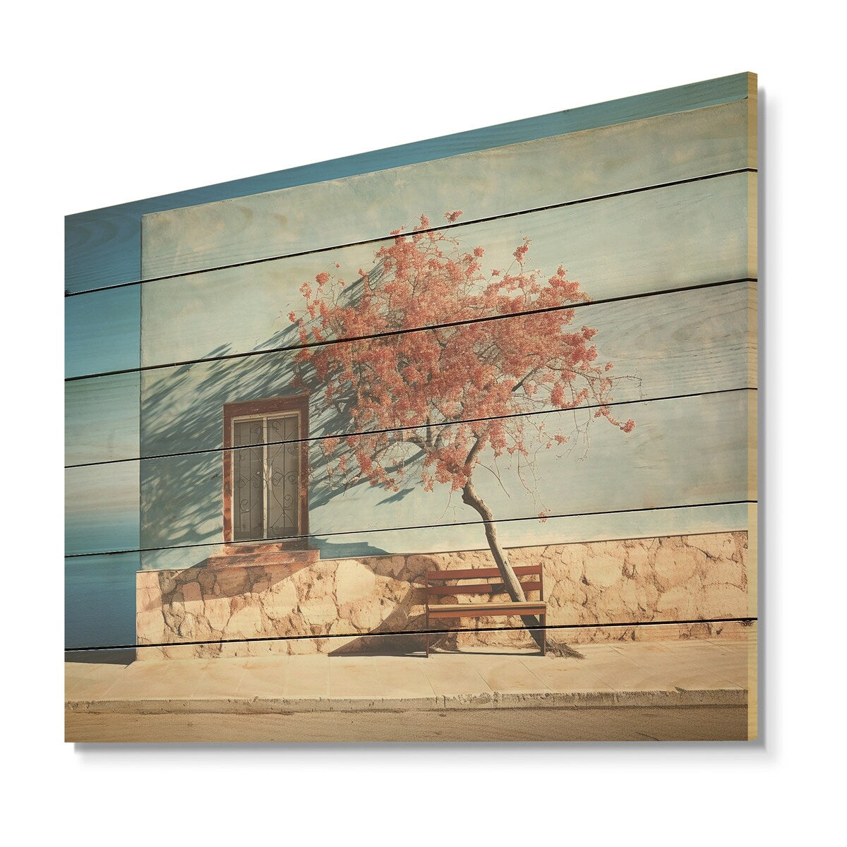 DESIGN ART "Modern Blue Coastal Horizon Photography" Coastal Light House Beige Wood Panel On Natural Pine Wood