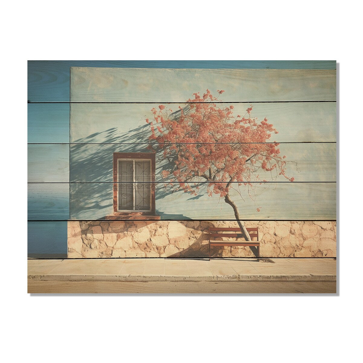 DESIGN ART "Modern Blue Coastal Horizon Photography" Coastal Light House Beige Wood Panel On Natural Pine Wood
