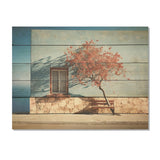 DESIGN ART "Modern Blue Coastal Horizon Photography" Coastal Light House Beige Wood Panel On Natural Pine Wood