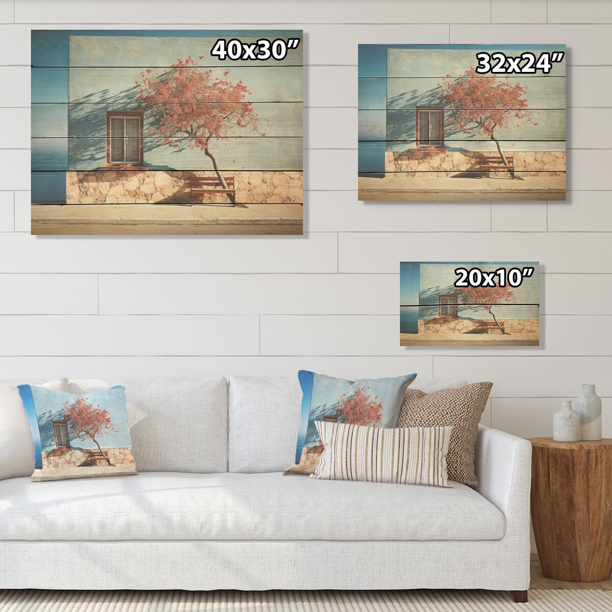 DESIGN ART "Modern Blue Coastal Horizon Photography" Coastal Light House Beige Wood Panel On Natural Pine Wood