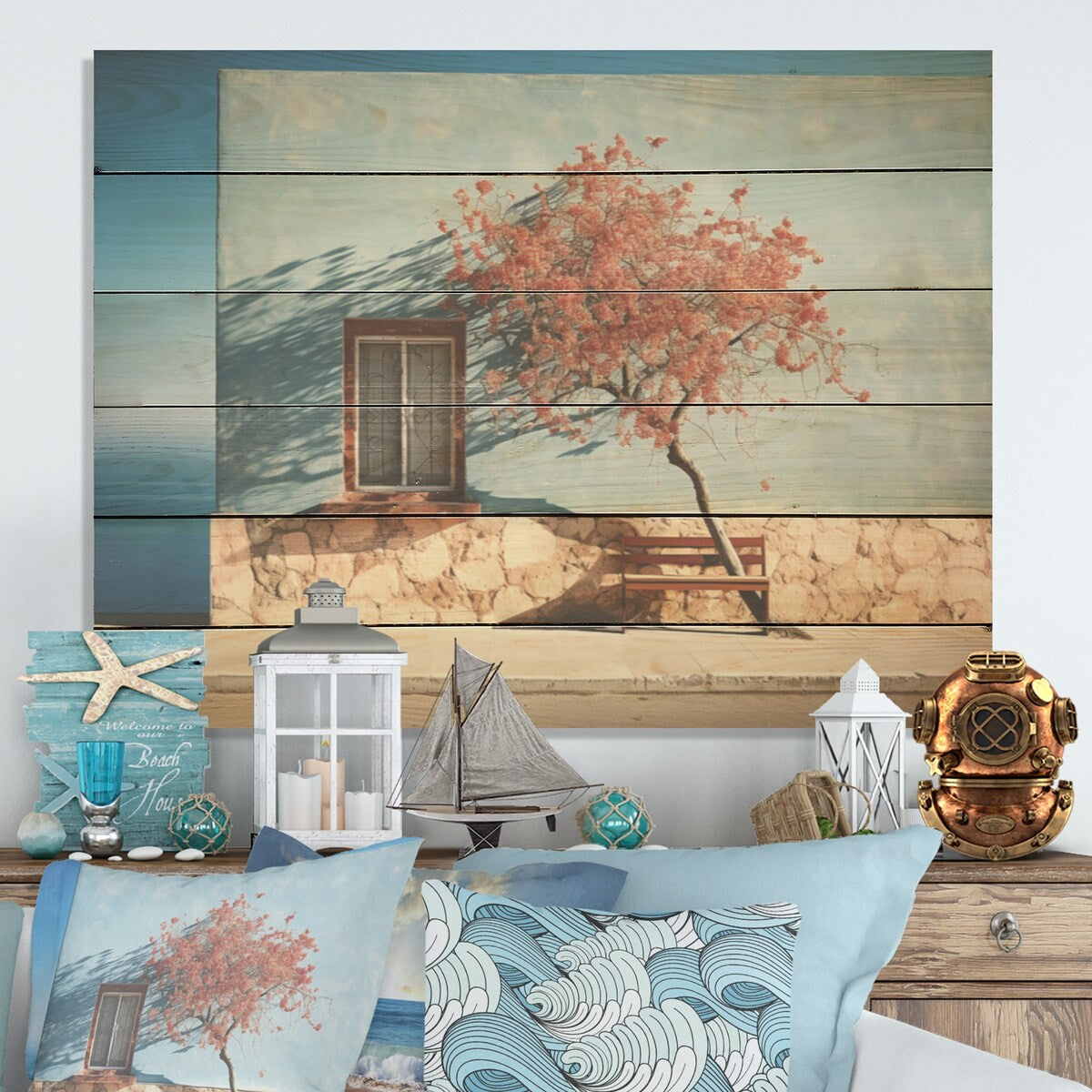 DESIGN ART "Modern Blue Coastal Horizon Photography" Coastal Light House Beige Wood Panel On Natural Pine Wood