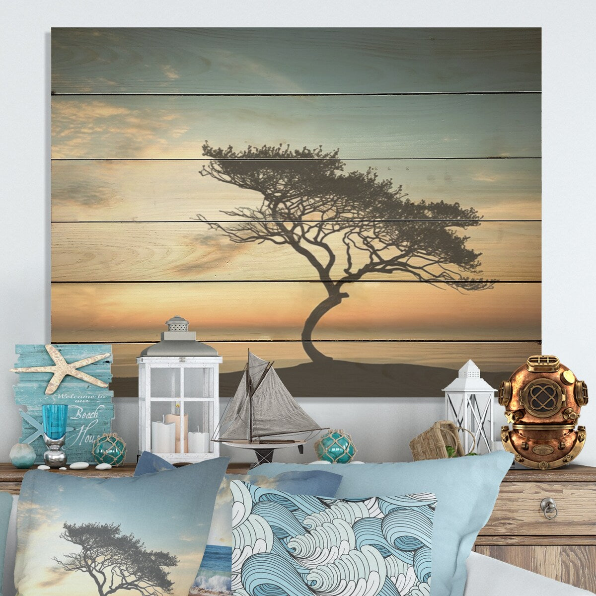DESIGN ART "Monochrome Black And White Tree Skyline I" Coastal Sunset Wall Art Wood Panel On Natural Pine Wood