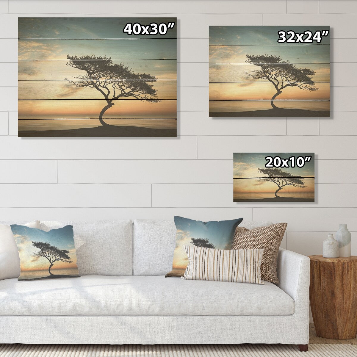 DESIGN ART "Monochrome Black And White Tree Skyline I" Coastal Sunset Wall Art Wood Panel On Natural Pine Wood