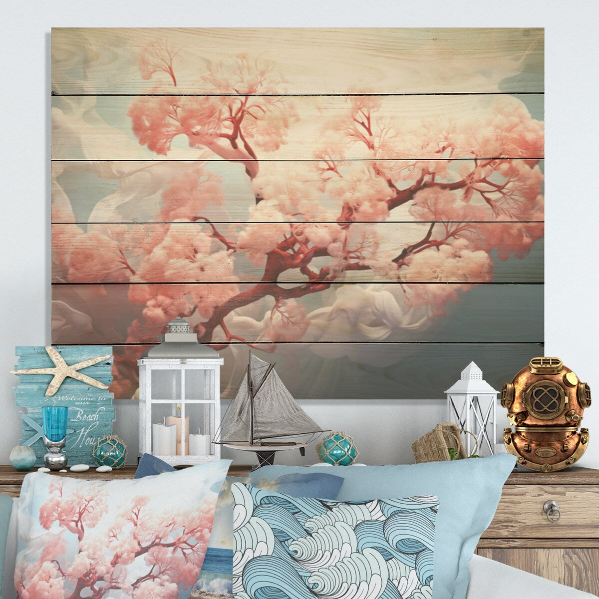 DESIGN ART "Pink Sea Whip Elegance" Coastal Coral Under Water Wall Art Pink Wood Panel On Natural Pine Wood