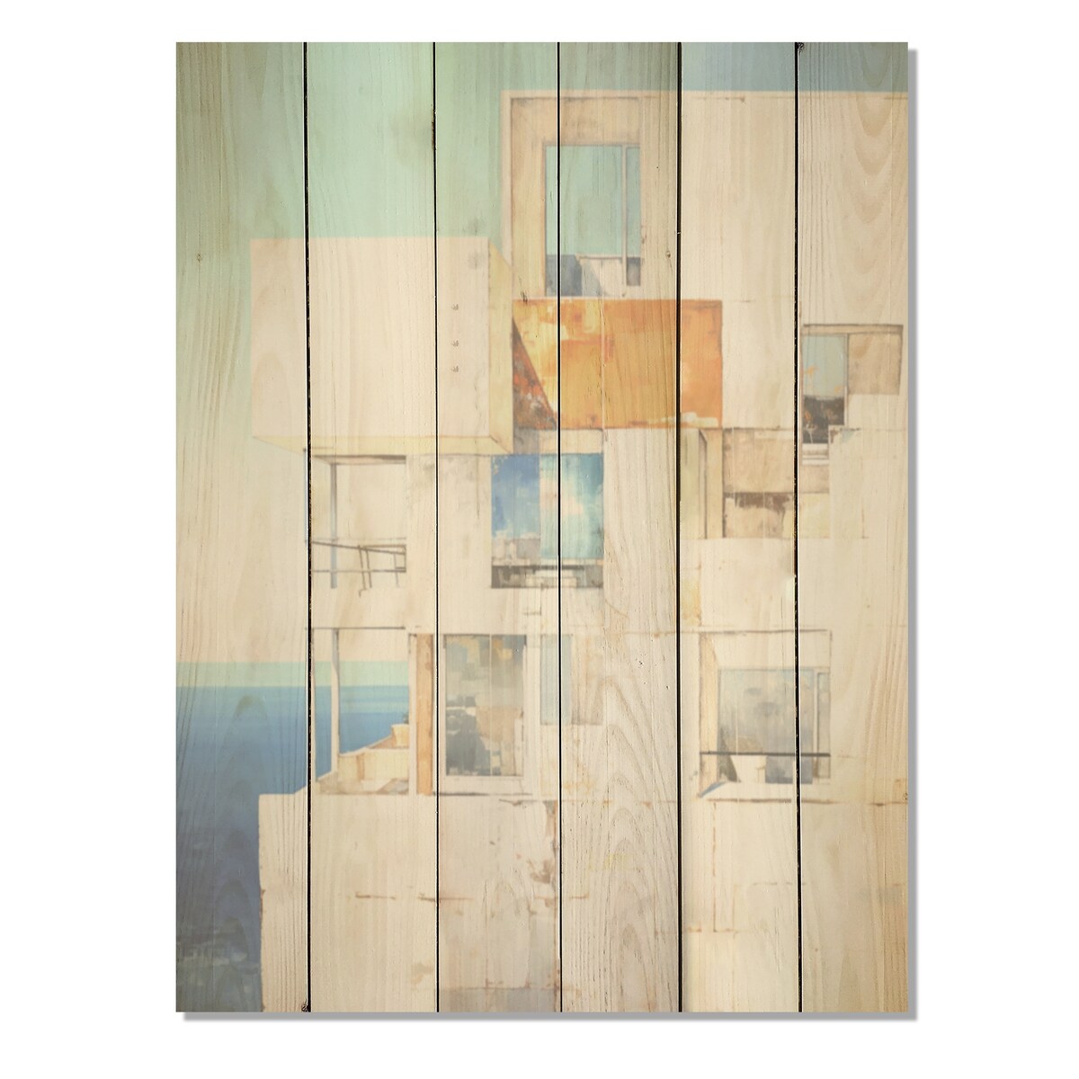 DESIGN ART "Soft Color Cubic Beach House" Coastal Windows Wood Wall Decor - Beige Wood Panel On Natural Pine Wood
