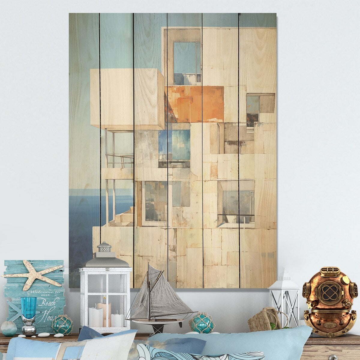 DESIGN ART "Soft Color Cubic Beach House" Coastal Windows Wood Wall Decor - Beige Wood Panel On Natural Pine Wood