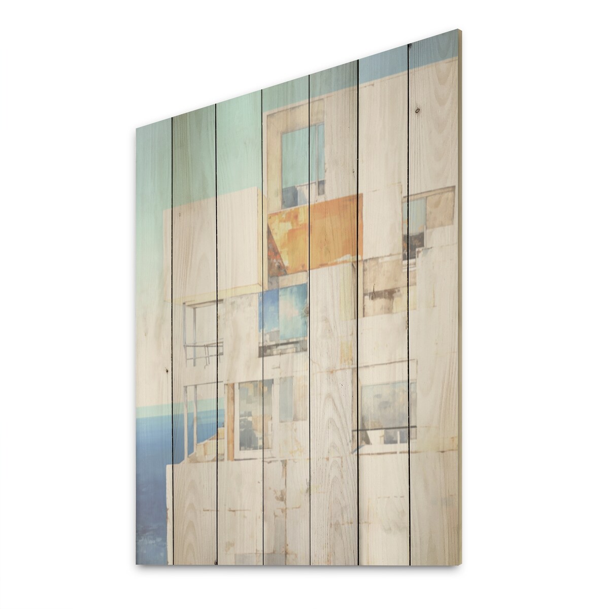 DESIGN ART "Soft Color Cubic Beach House" Coastal Windows Wood Wall Decor - Beige Wood Panel On Natural Pine Wood