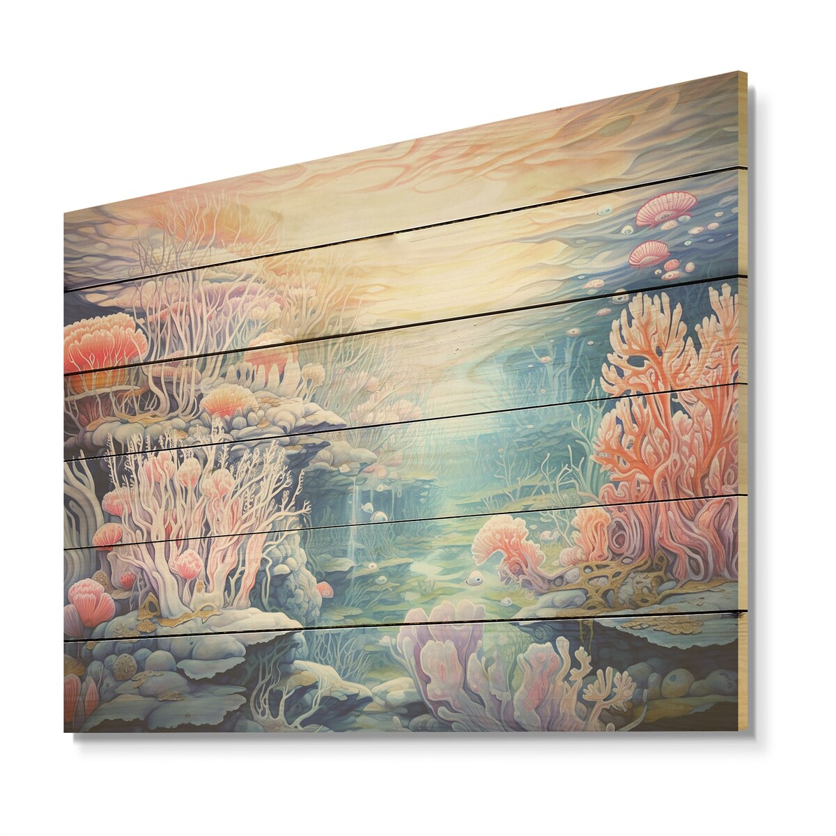 DESIGN ART "Turquoise And Pink Underwater World I" Coastal Coral Under Water Turquoise Wood Panel On Natural Pine Wood