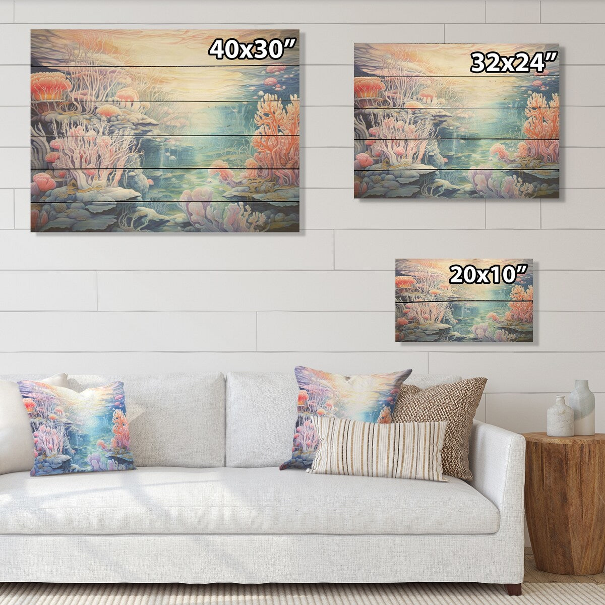 DESIGN ART "Turquoise And Pink Underwater World I" Coastal Coral Under Water Turquoise Wood Panel On Natural Pine Wood