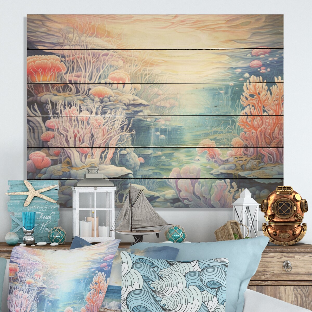 DESIGN ART "Turquoise And Pink Underwater World I" Coastal Coral Under Water Turquoise Wood Panel On Natural Pine Wood