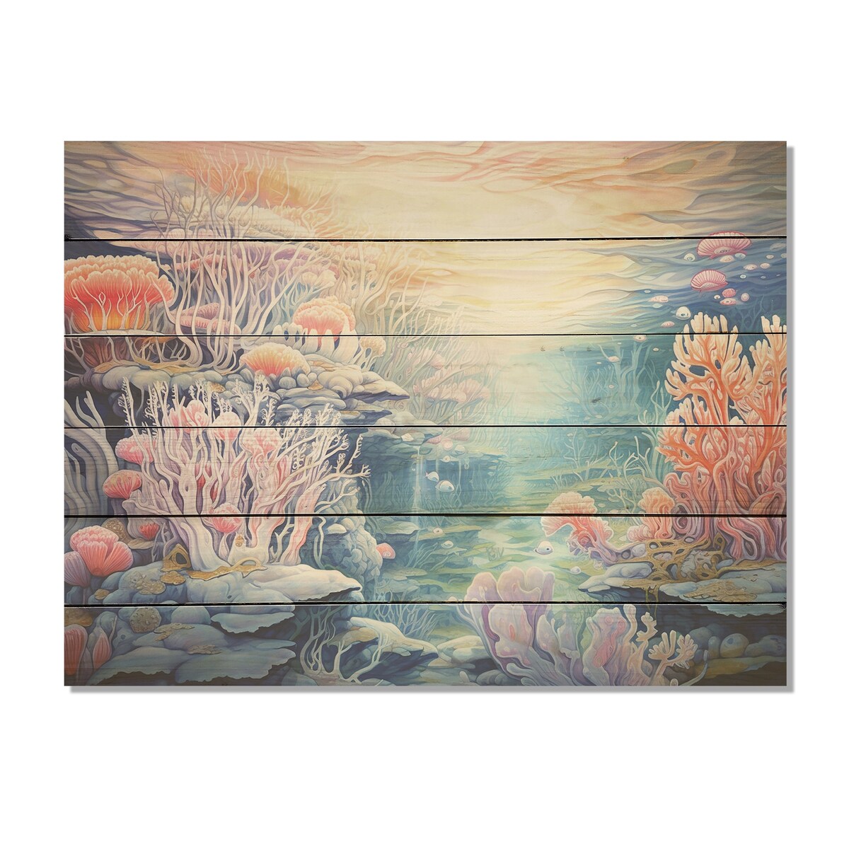 DESIGN ART "Turquoise And Pink Underwater World I" Coastal Coral Under Water Turquoise Wood Panel On Natural Pine Wood