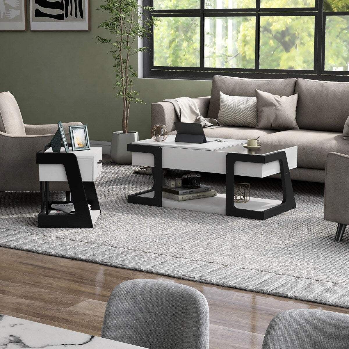 DH BASIC 2-Piece Modern White Lift-top Coffee Table and End Table Set by Denhour