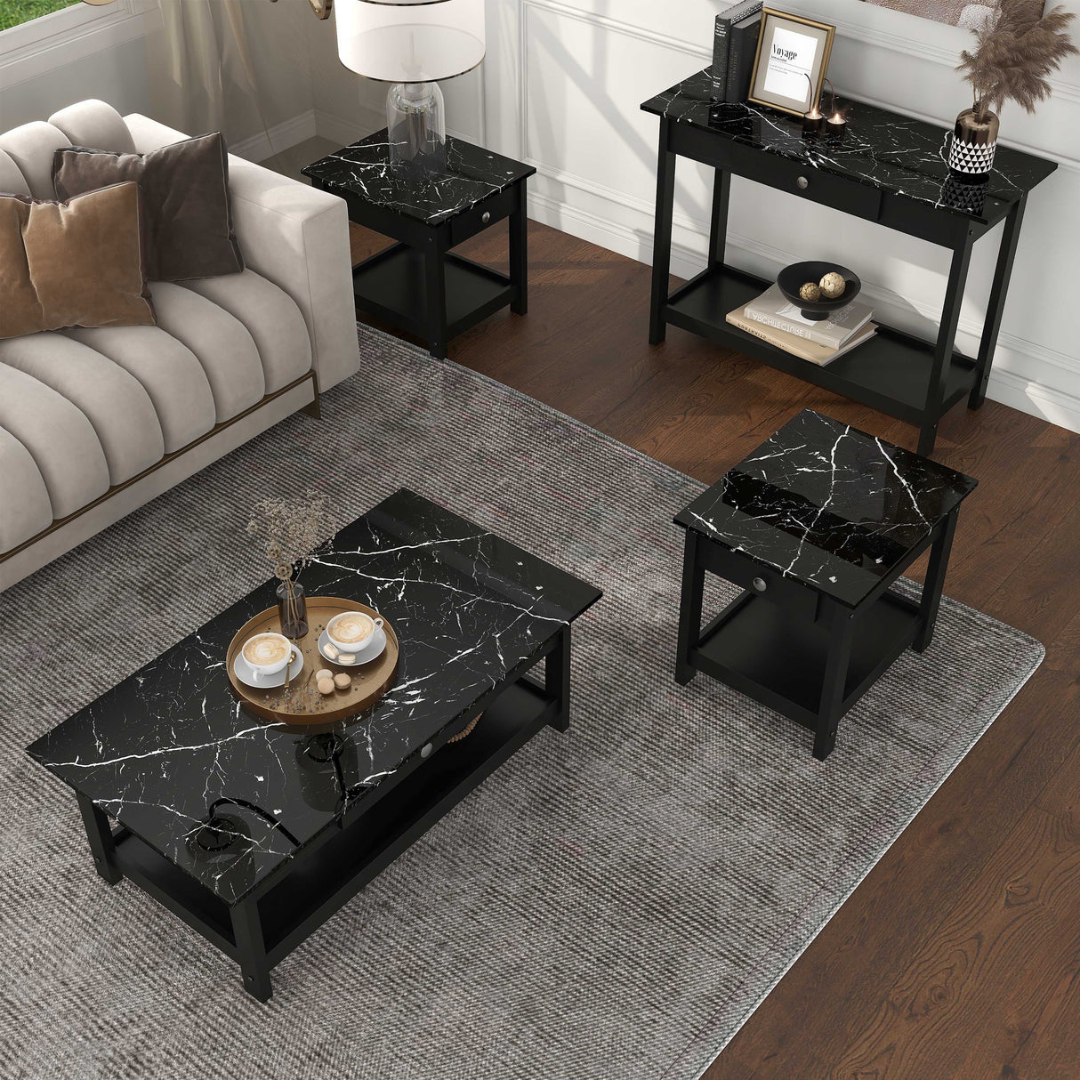 DH BASIC Transitional Rubberwood 4-Piece Open-Shelf Coffee Table Set with Drawer by Denhour