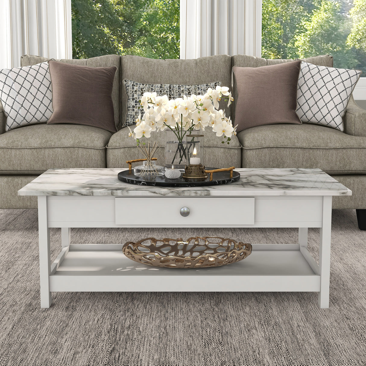 DH BASIC Transitional Rubberwood 4-Piece Open-Shelf Coffee Table Set with Drawer by Denhour