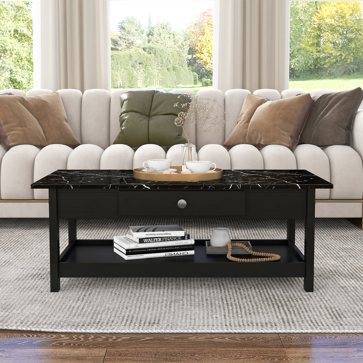 DH BASIC Transitional Rubberwood 4-Piece Open-Shelf Coffee Table Set with Drawer by Denhour