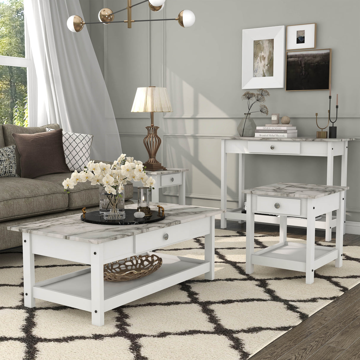 DH BASIC Transitional Rubberwood 4-Piece Open-Shelf Coffee Table Set with Drawer by Denhour