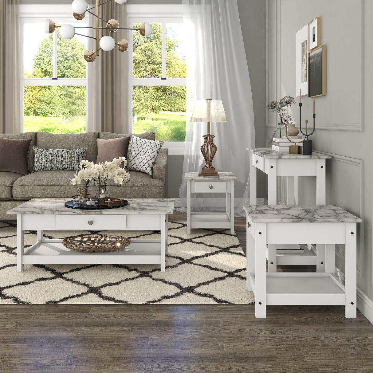 DH BASIC Transitional Rubberwood 4-Piece Open-Shelf Coffee Table Set with Drawer by Denhour
