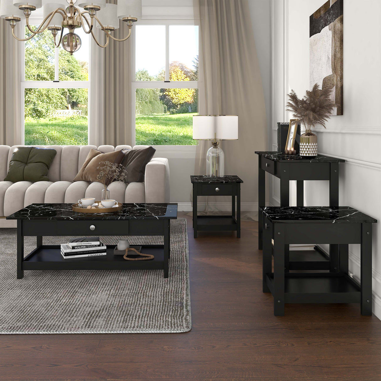 DH BASIC Transitional Rubberwood 4-Piece Open-Shelf Coffee Table Set with Drawer by Denhour