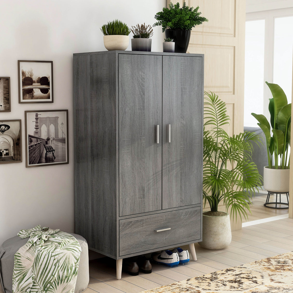 DH BASIC Mid-Century Modern Distressed Grey 1-Drawer Wardrobe Armoire by Denhour