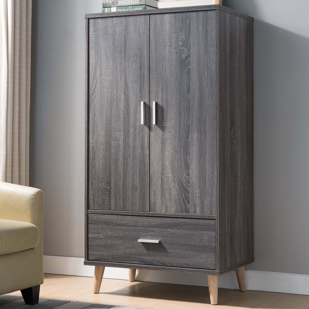 DH BASIC Mid-Century Modern Distressed Grey 1-Drawer Wardrobe Armoire by Denhour