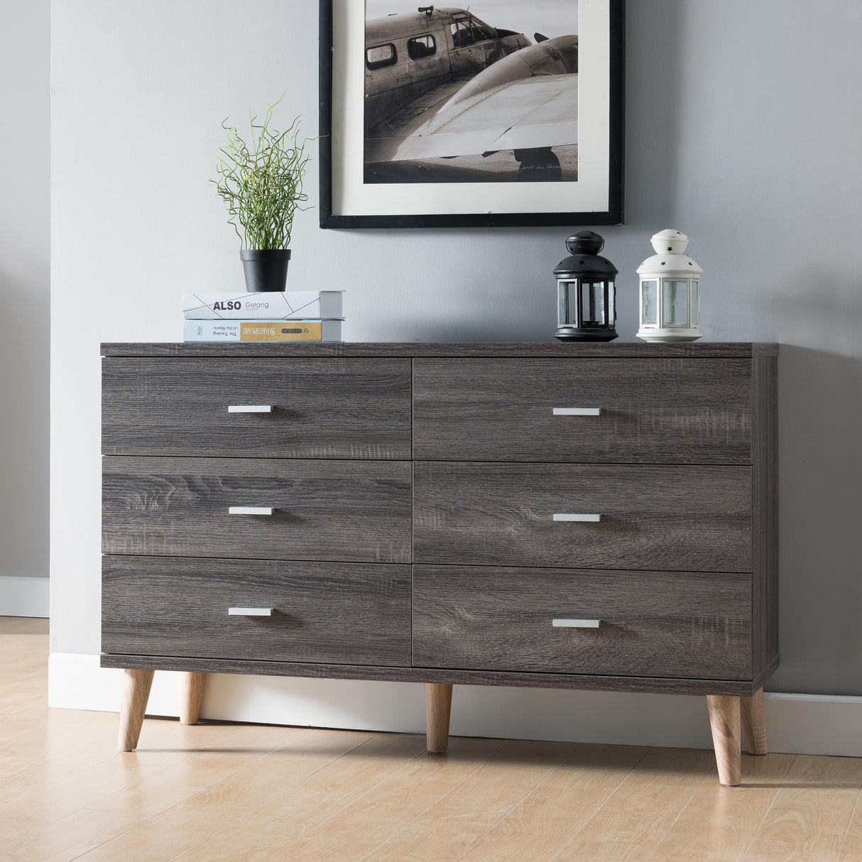 DH BASIC Mid-Century Modern Distressed Grey 47-inch Wide 6-Drawer Dresser with Bar Pulls by Denhour