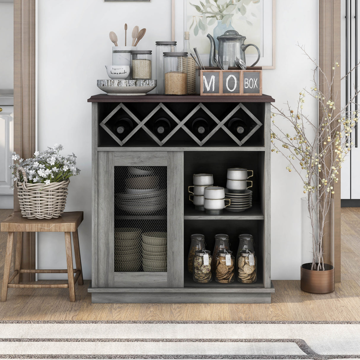 DH BASIC Farmhouse Four Shelf and Four Bottle Lattice-like Wine Buffet by Denhour