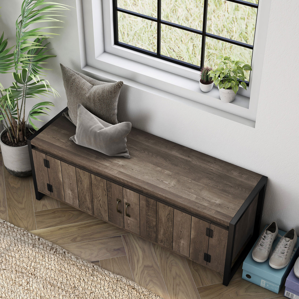 DH BASIC Industrial Oak 49-inch Iron Legs Storage Bench by Denhour