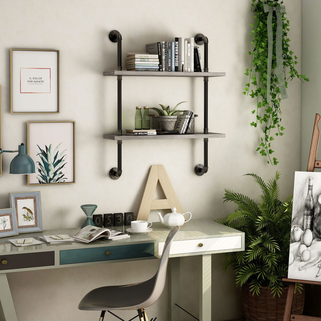 DH BASIC Industrial Vintage Grey 32-Inch Metal 2-Tier Wall Shelf by Denhour