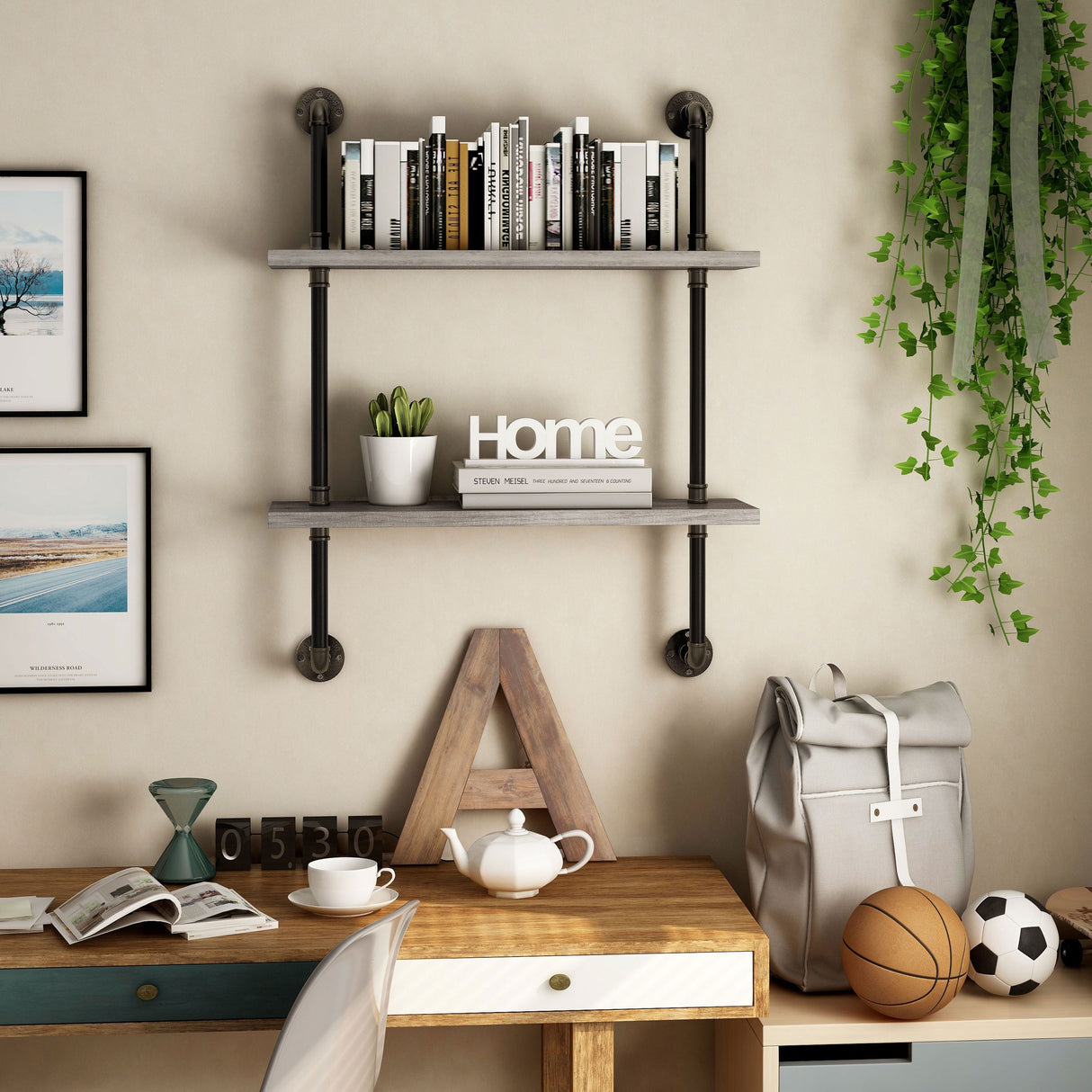 DH BASIC Industrial Vintage Grey 32-Inch Metal 2-Tier Wall Shelf by Denhour