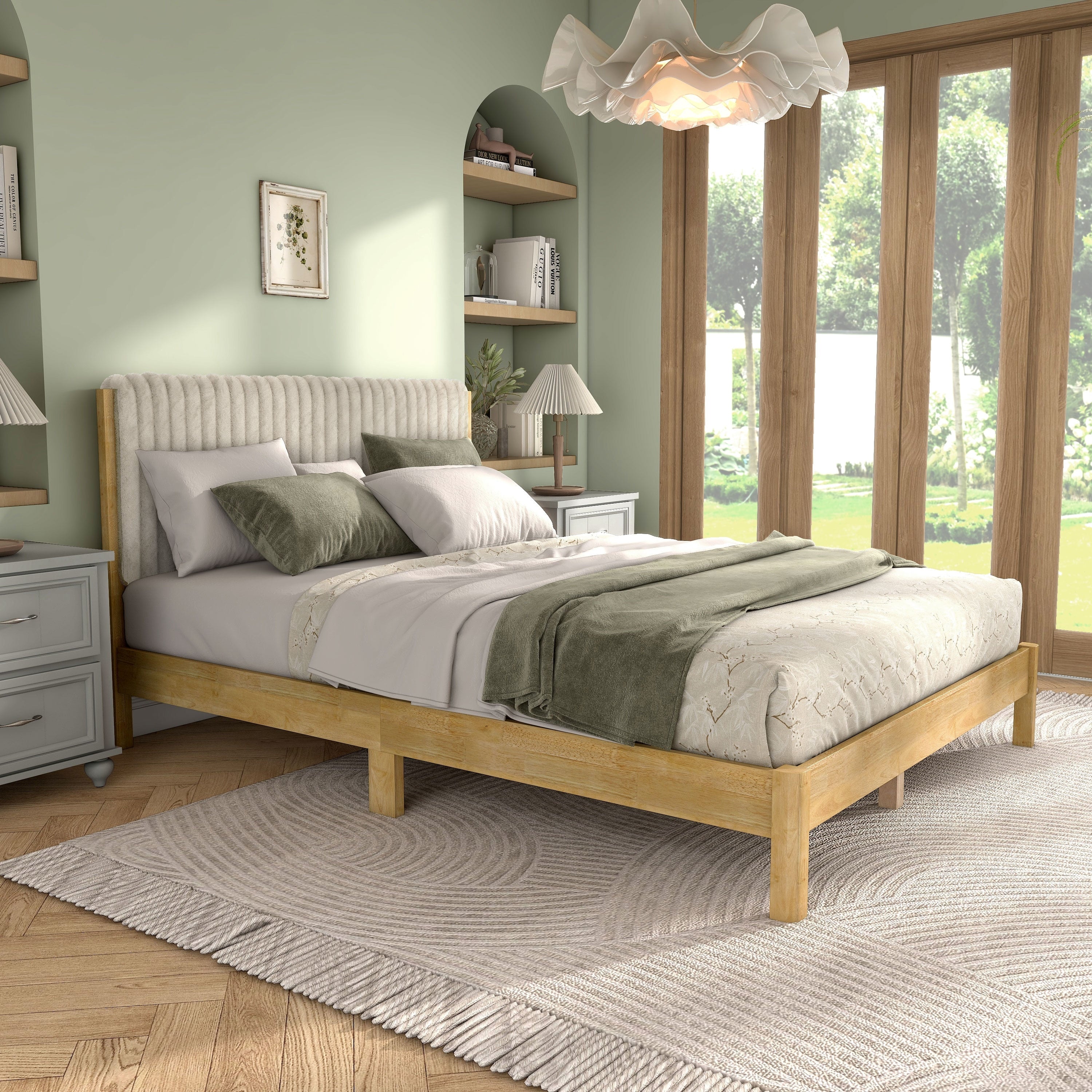 DH BASIC Modern Channel Tufted Upholstered Queen Platform Bed with Solid Wood Slats by Denhour