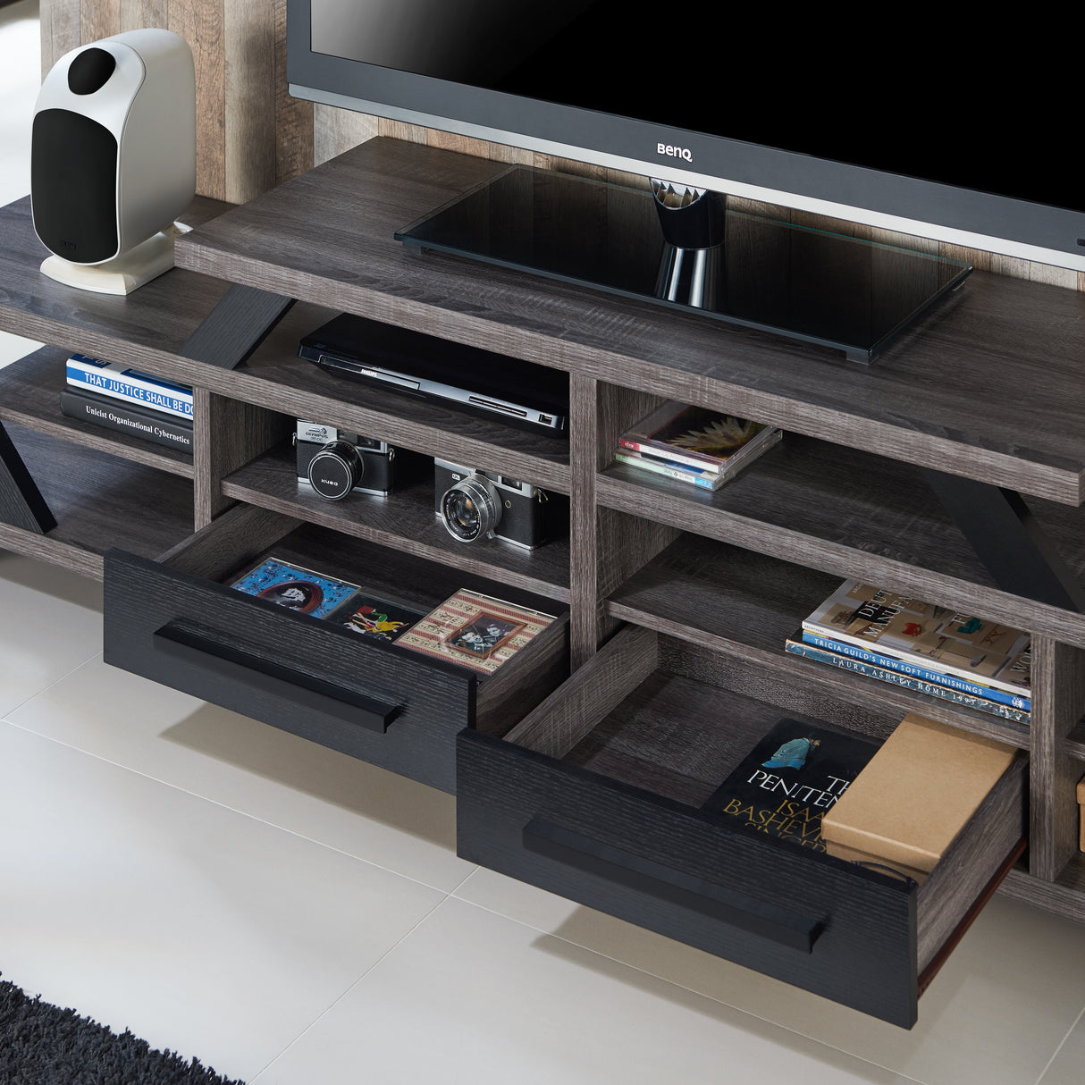 DH BASIC Modern Gray 82" Wide Open Shelf Tiered TV Stand by Denhour
