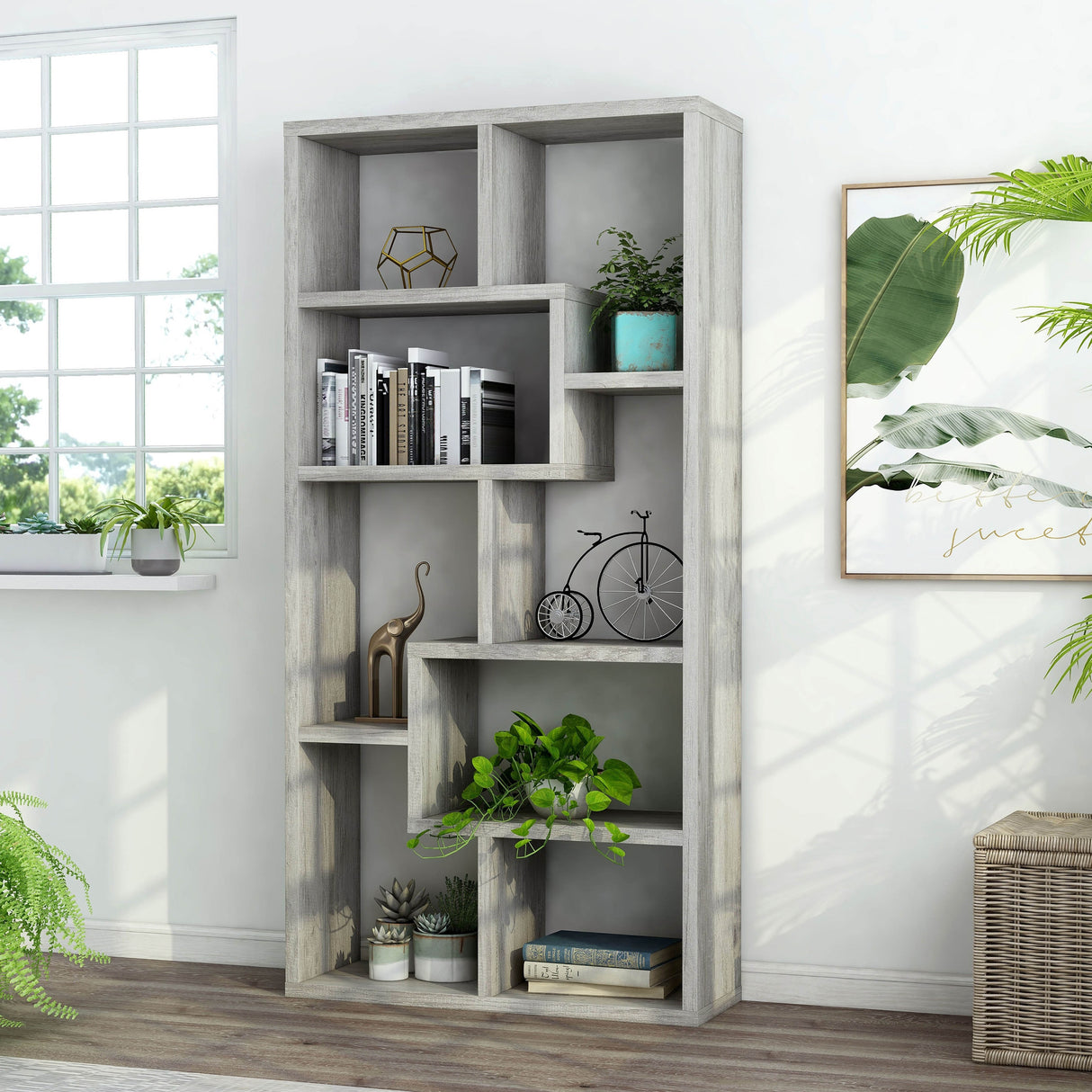 DH BASIC Modern Grey 71-inch 8-Open Shelf Display Bookcase by Denhour