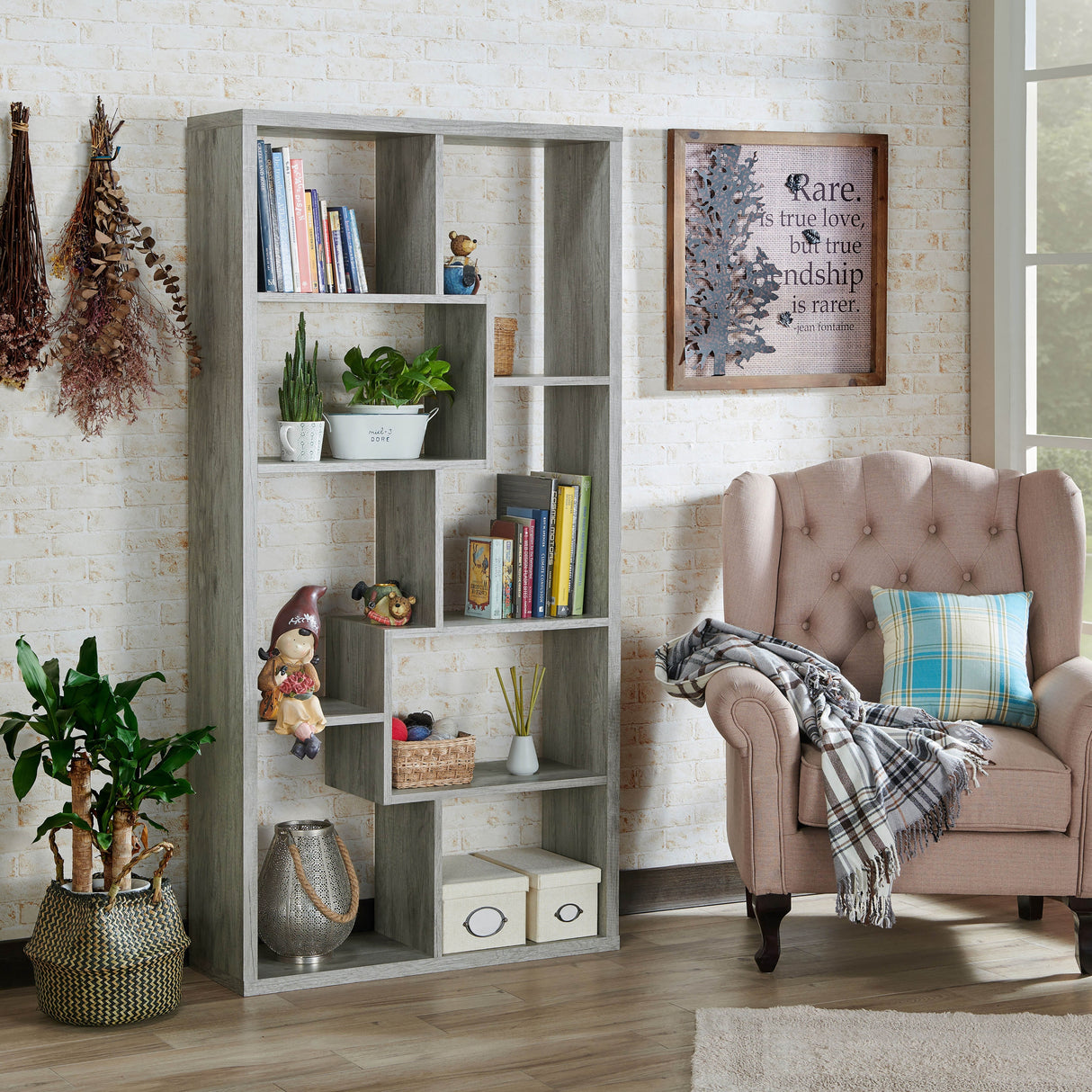 DH BASIC Modern Grey 71-inch 8-Open Shelf Display Bookcase by Denhour
