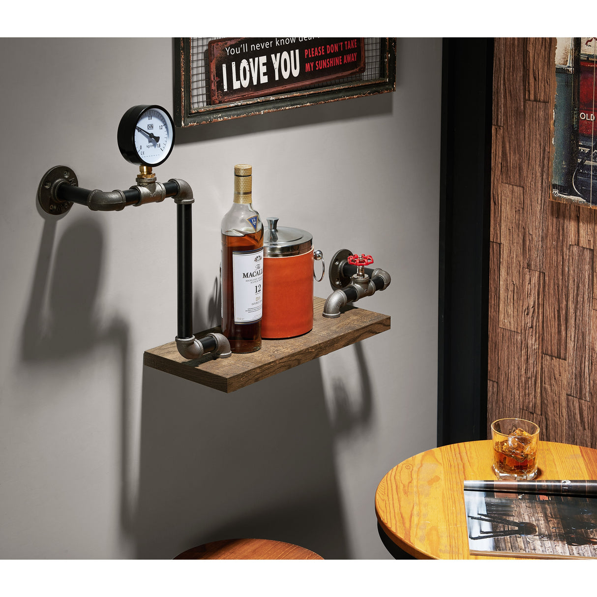 DH BASIC Industrial Reclaimed Oak 32-Inch Metal 1-Tier Wall Shelf by Denhour