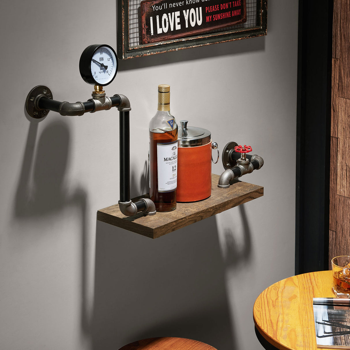 DH BASIC Industrial Reclaimed Oak 32-Inch Metal 1-Tier Wall Shelf by Denhour