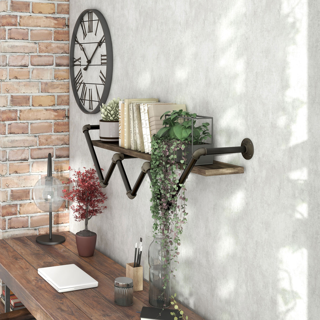 DH BASIC Industrial Reclaimed Oak 50-Inch Metal 1-Tier Wall Shelf by Denhour