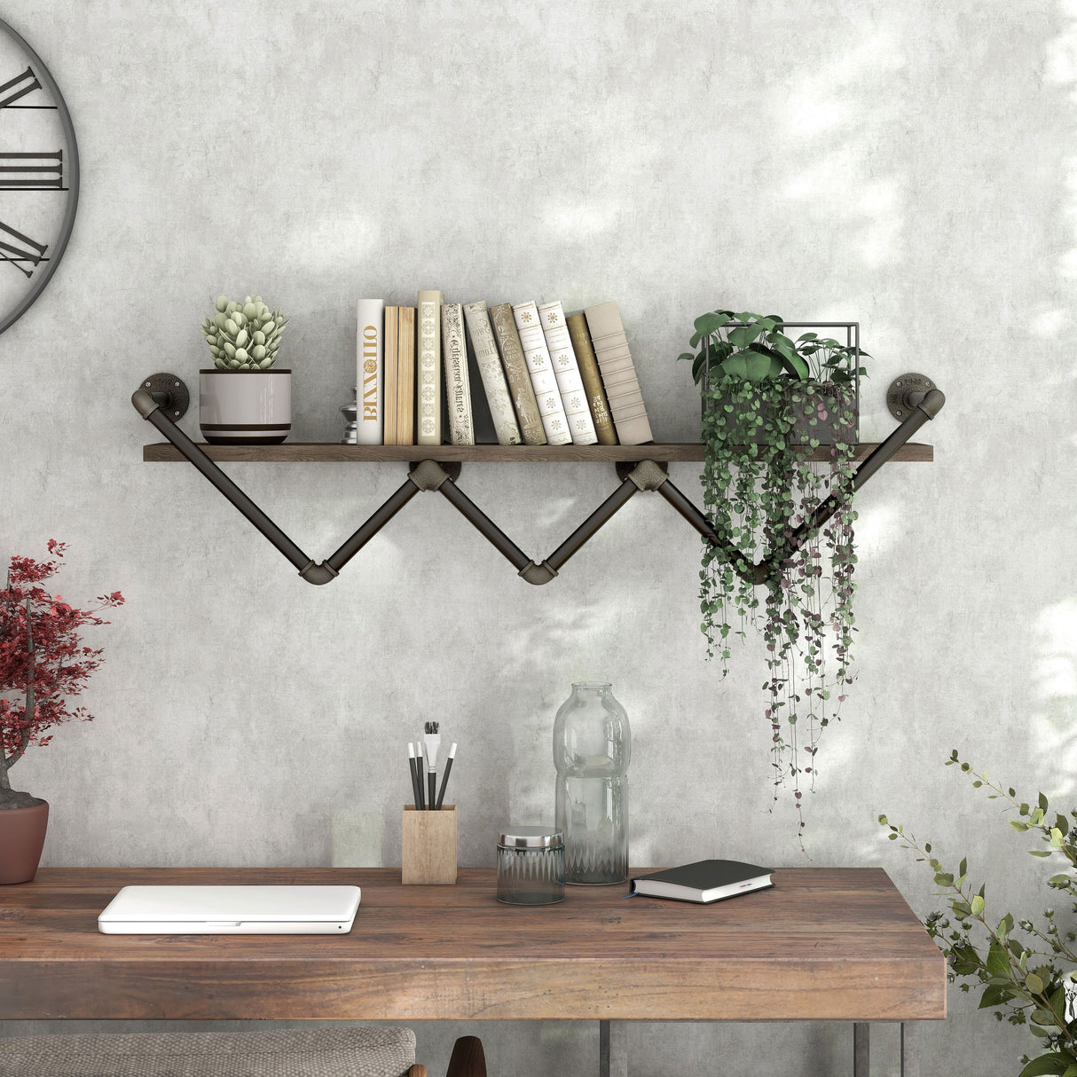 DH BASIC Industrial Reclaimed Oak 50-Inch Metal 1-Tier Wall Shelf by Denhour