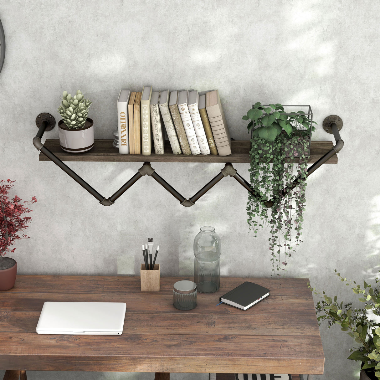 DH BASIC Industrial Reclaimed Oak 50-Inch Metal 1-Tier Wall Shelf by Denhour