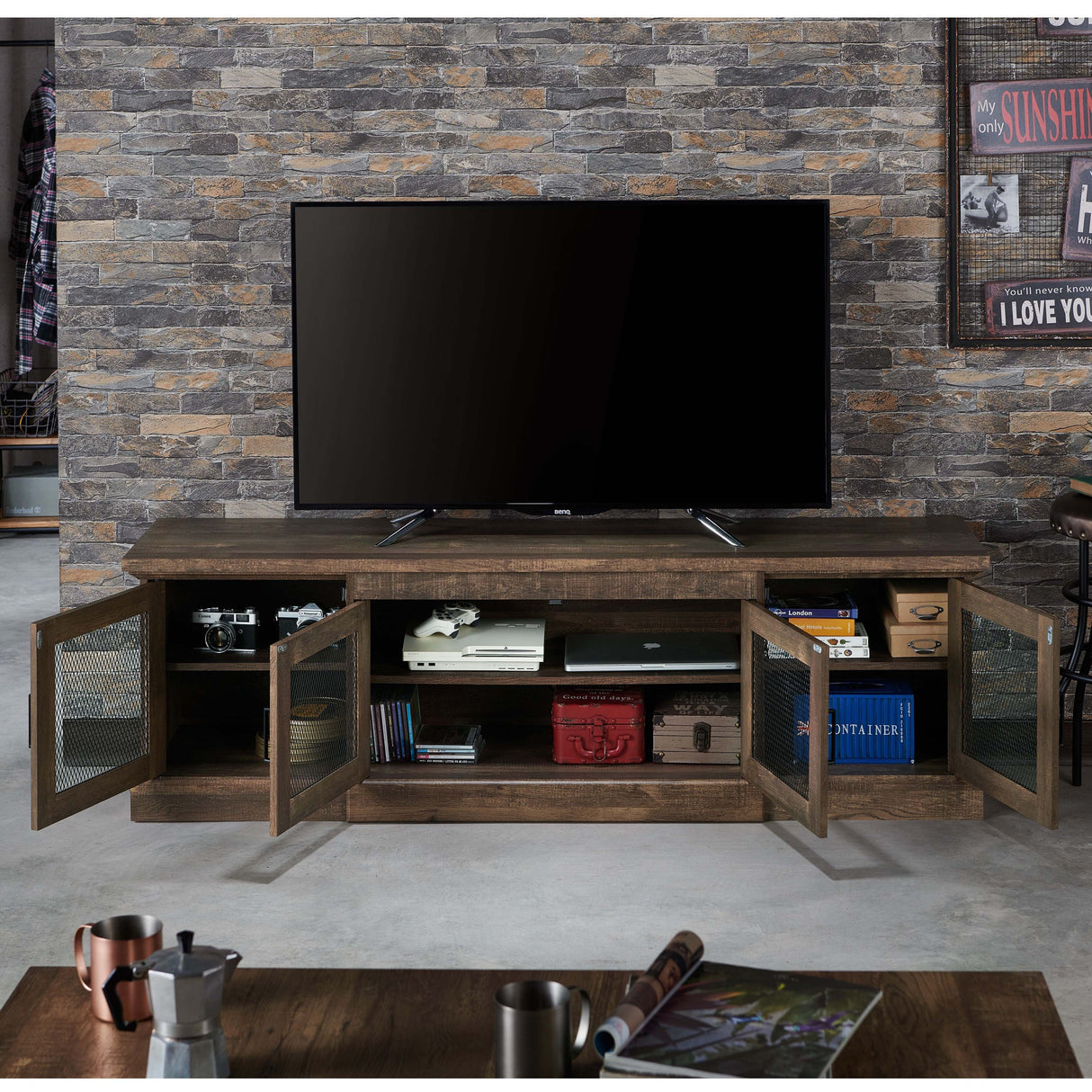 DH BASIC Rustic Reclaimed Oak 69-inch Wide 6-Shelf TV Stand by Denhour