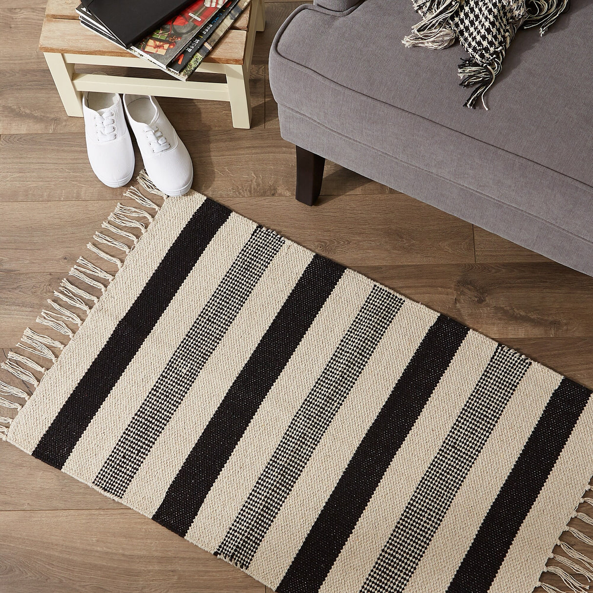 DII Black Ticking Stripe Hand-Loomed Rug 2x3 Ft - 24.0 In. L X 36.0 In. W X 0.2 In. H