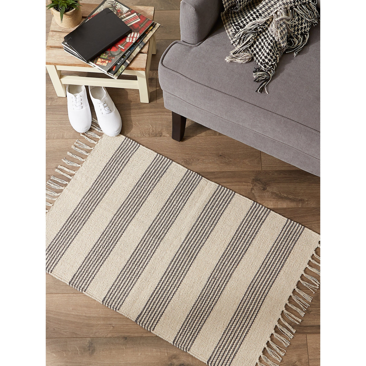 DII Black Ticking Stripe Hand-Loomed Rug 2x3 Ft - 24.0 In. L X 36.0 In. W X 0.2 In. H